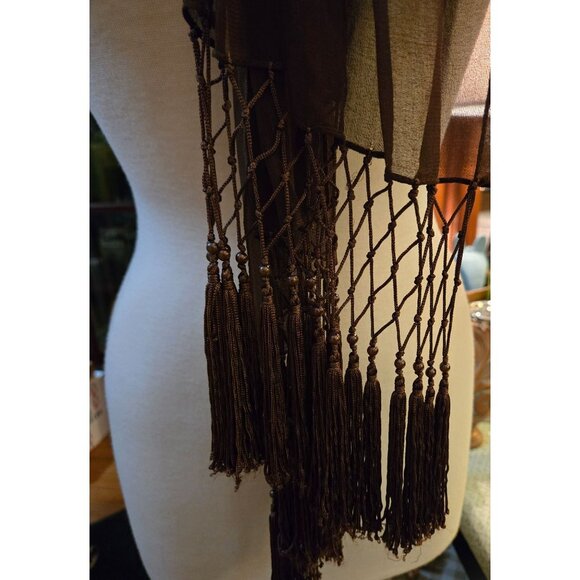 Sheer brown polyester scarf with Fringe. - Picture 2 of 3